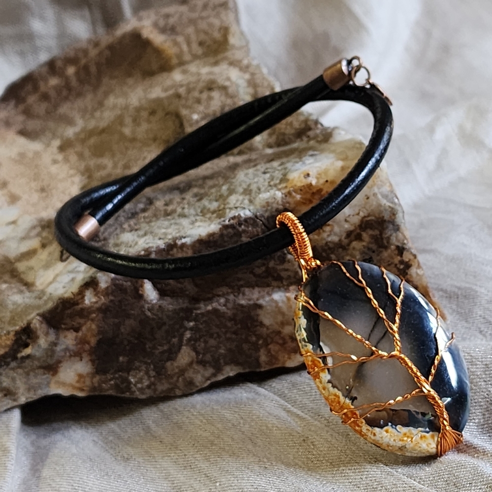 Tree Of Life Artisan Pendant Red Copper Genuine Leather Necklace Natural Agate